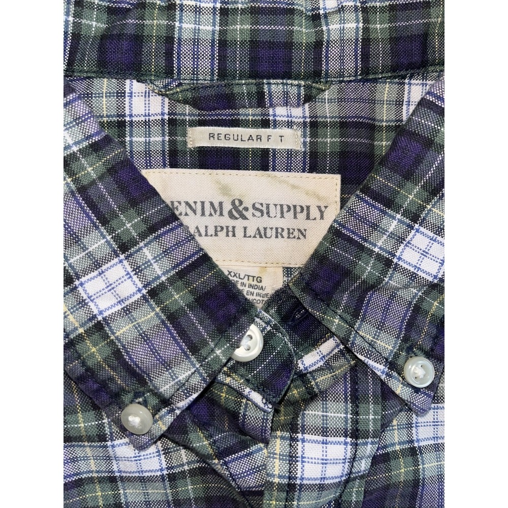 Ralph Lauren Denim Supply Shirt Mens 2XL Button Blue and Green XXL Short Sleeve